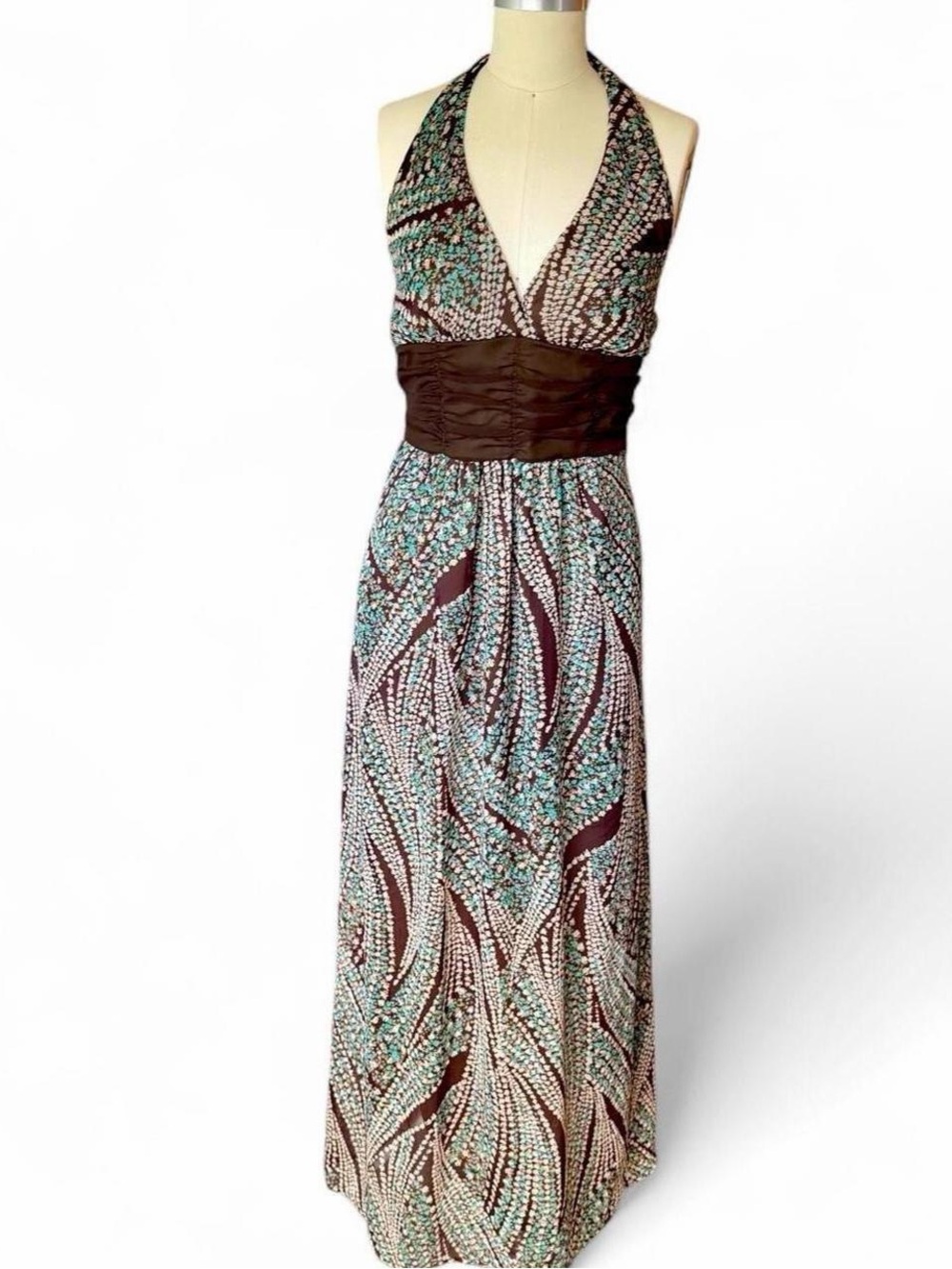 Stand Studio Brown and Teal Polka Dot Halter Maxi Dress - Med
